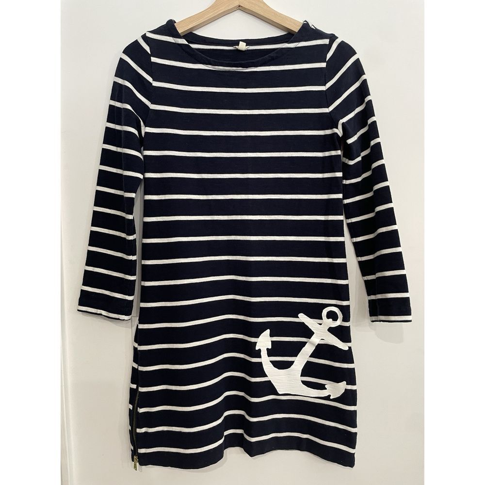 J Crew Women's Dress Size XXS Anchor Zipped Side Slits Nautical Blue‎ Stripe EUC